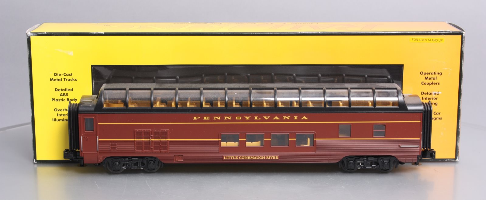 Rail King Pennsylvania 60’ streamlined full-length vista outlet dome car