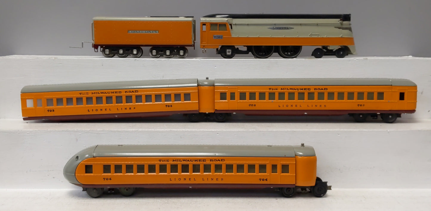 Lionel 250E Vintage O Prewar Hiawatha Steam Locomotive & Passenger Car Set VG