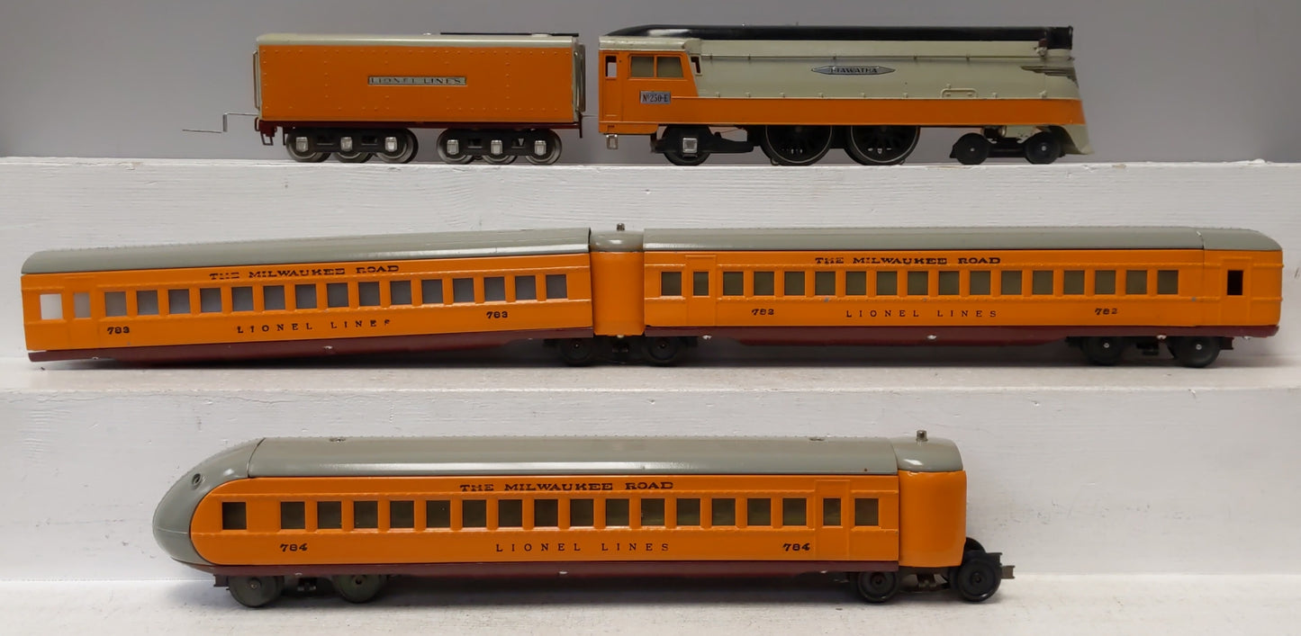 Lionel 250E Vintage O Prewar Hiawatha Steam Locomotive & Passenger Car Set VG