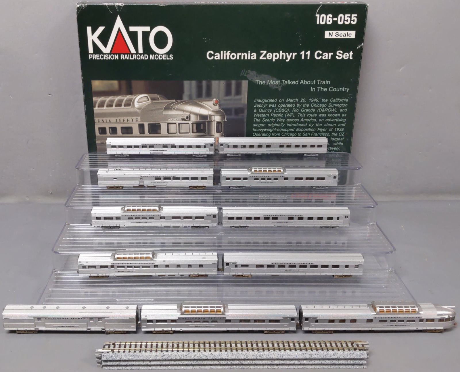 Kato 106-055 N Scale California Zephyr Diesel Passenger Train Set EX/B –  Trainz