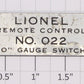 Lionel O22-34B O22 Track Switch Nameplate 1 1/4 Gauge Switch