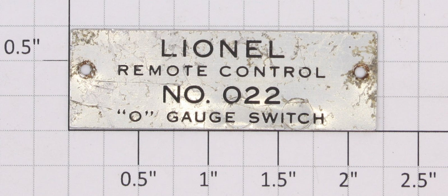 Lionel O22-34B O22 Track Switch Nameplate 1 1/4 Gauge Switch