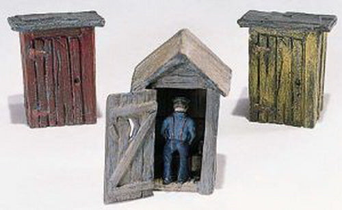 Woodland Scenics D214 HO Scenic Details 3 Outhouses & Man Metal Kit