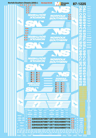 Microscale 87-1225 HO Norfolk Southern Hoods & Switchers Diesel Decal Sheet