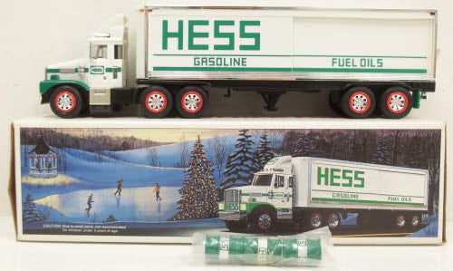 Hess 1987 Semi-Truck Gasoline Fuel Oils Toy Truck Bank W/Green Barrels LN/Box