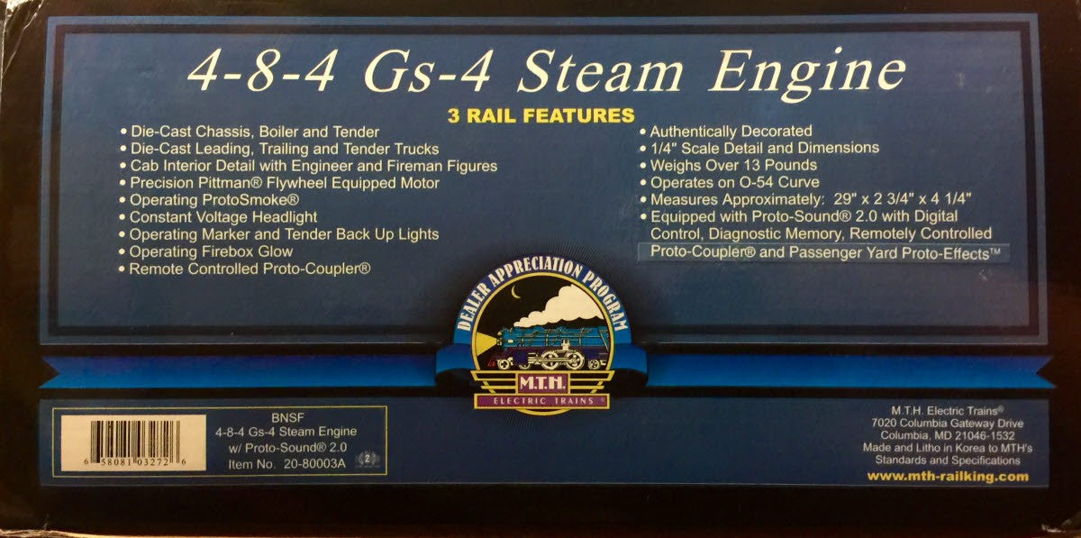 MTH 20-80003A BNSF GS-4 Steam Locomotive & Tender w/PS 2.0 #4449 MT/Box