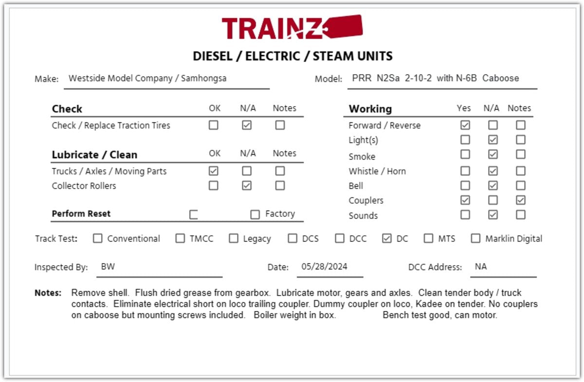 Westside Model Co. HO Scale BRASS PRR N2Sa 2-10-2 w/N-6a Caboose (Unpainted) EX/Box