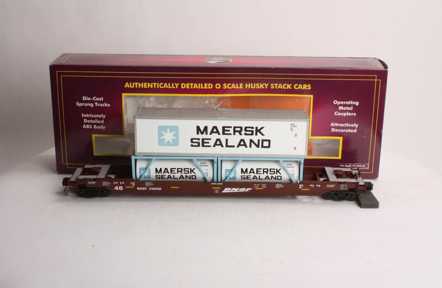 MTH 20-95074 BNSF Husky Stack Car w/ Maersk Containers #238558