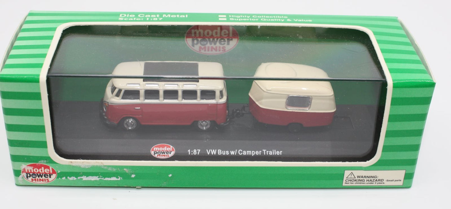 Model Power 19680 1:87 Red/White Volkwagen Bus w/Camper Trailer