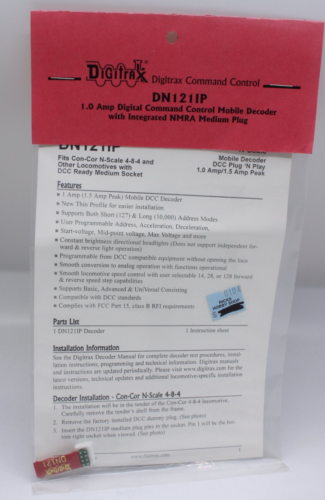 Digitrax DN121IP HO 1.0 AMP Digital Command Control Mobile Decoder