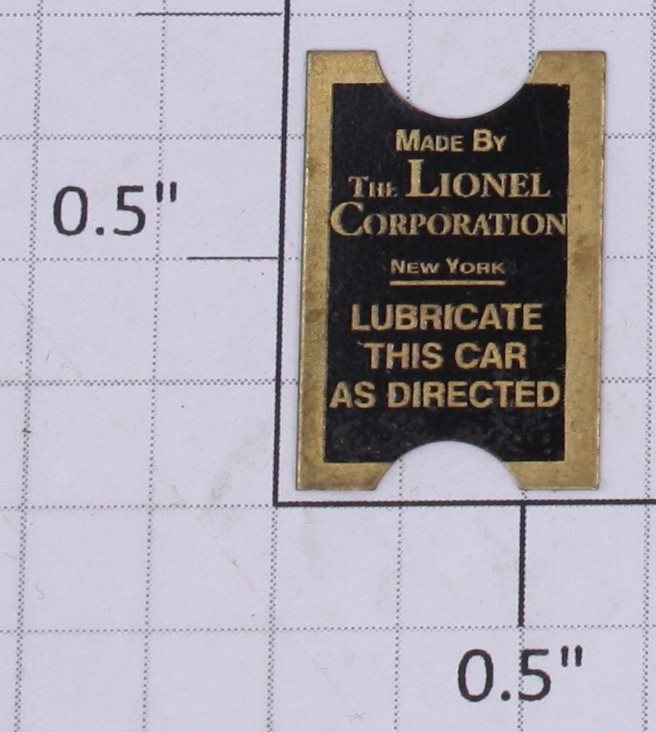 Lionel 33-IDP Lionel Corporation Lubricate This Car as Directed Plate