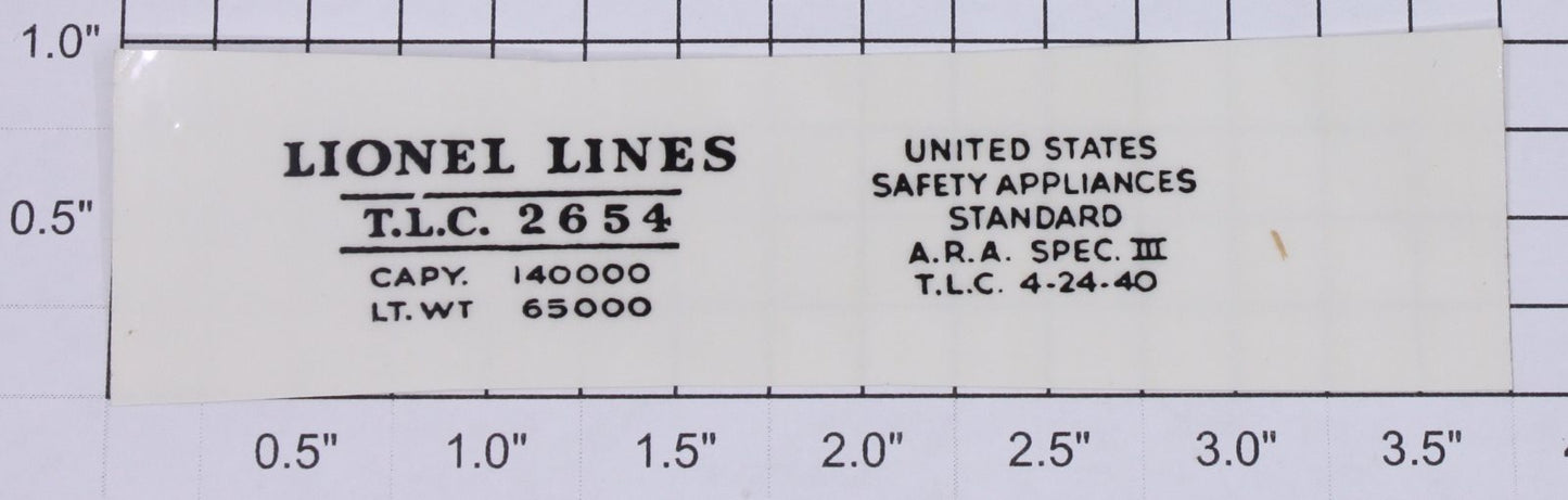 Lionel 2654-2 Prewar Tank Car Number & Saftey Standards Sticker Decal