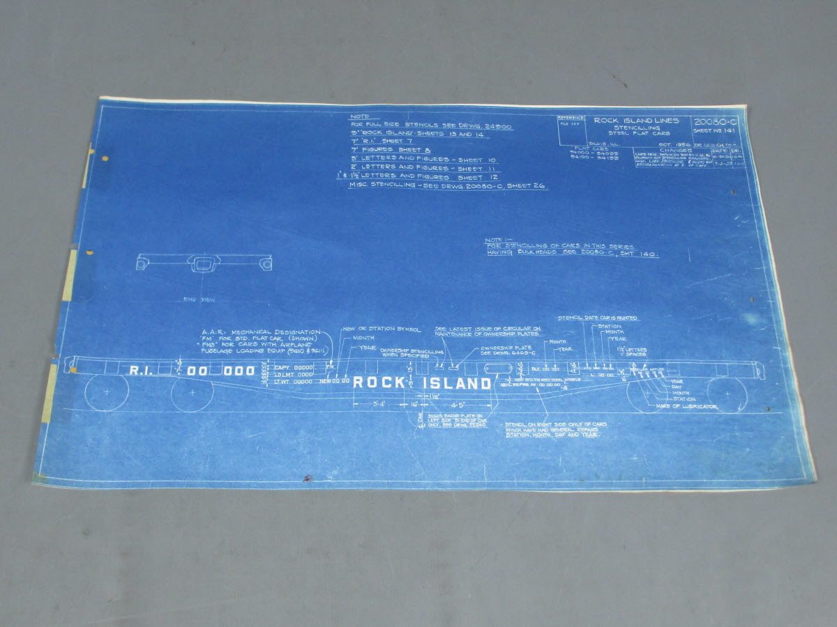 1956 Rock Island Lines Stenciling Steel Flat Cars Blueprint VG