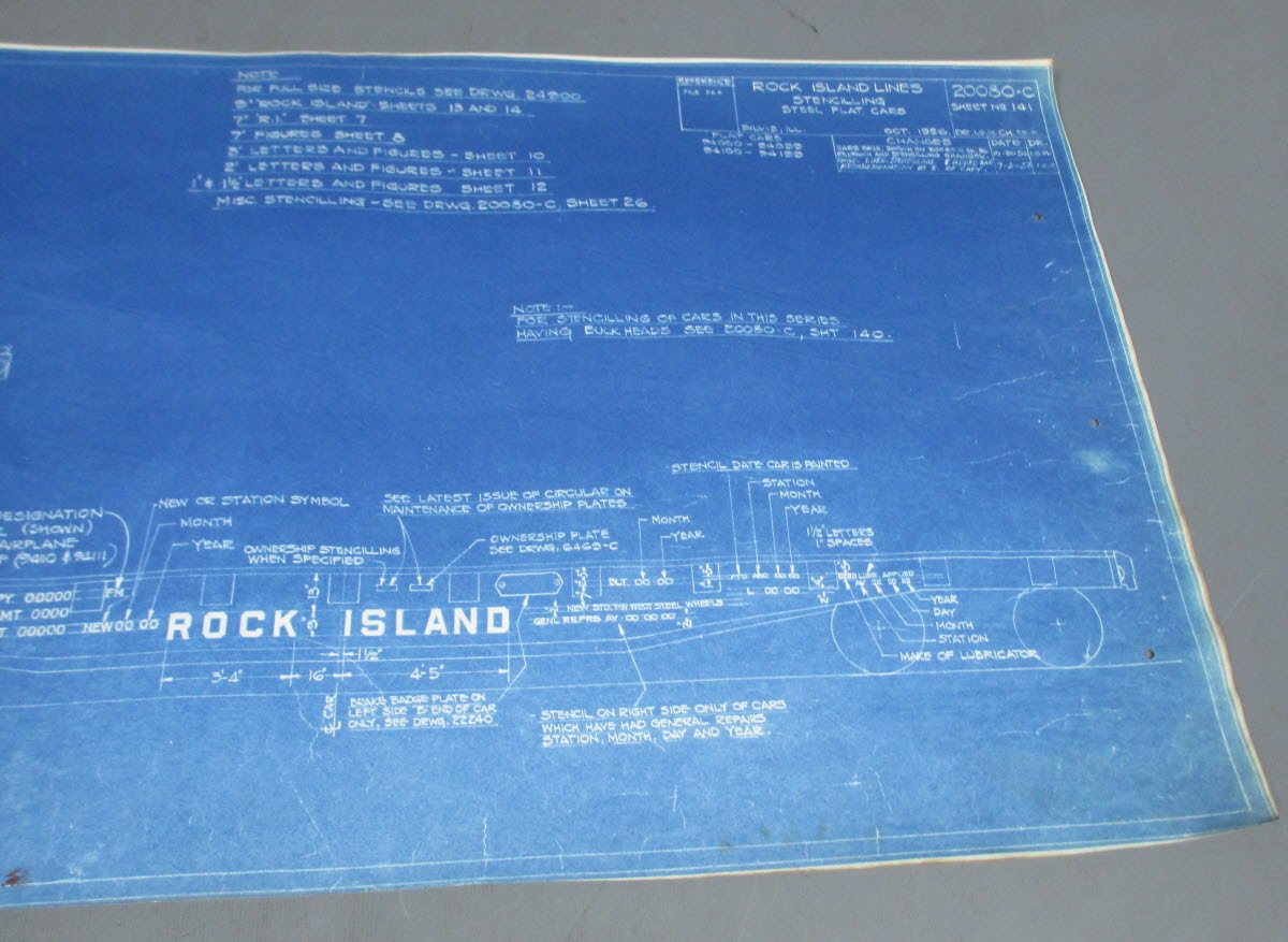 1956 Rock Island Lines Stenciling Steel Flat Cars Blueprint VG