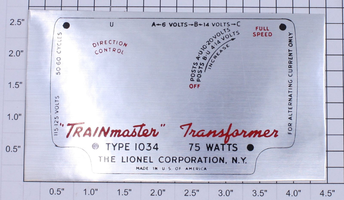 Lionel 1034-25 Transformer Nameplate Adhesive Decal