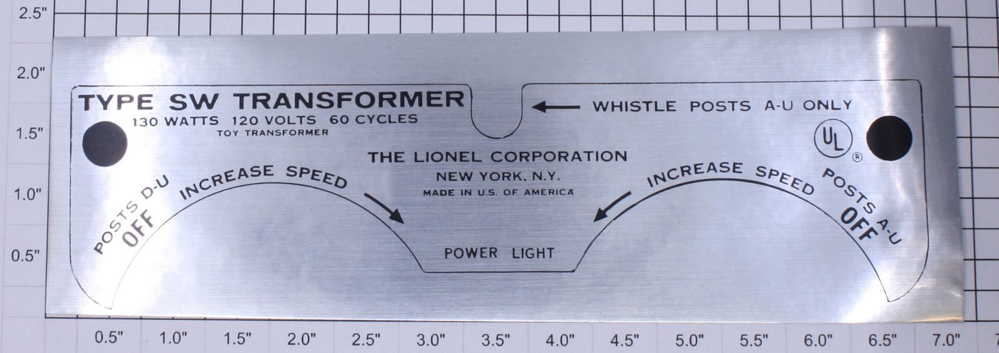 Lionel SW-23 Type "SW" 130 Watt Transformer Nameplate Adhesive Decal