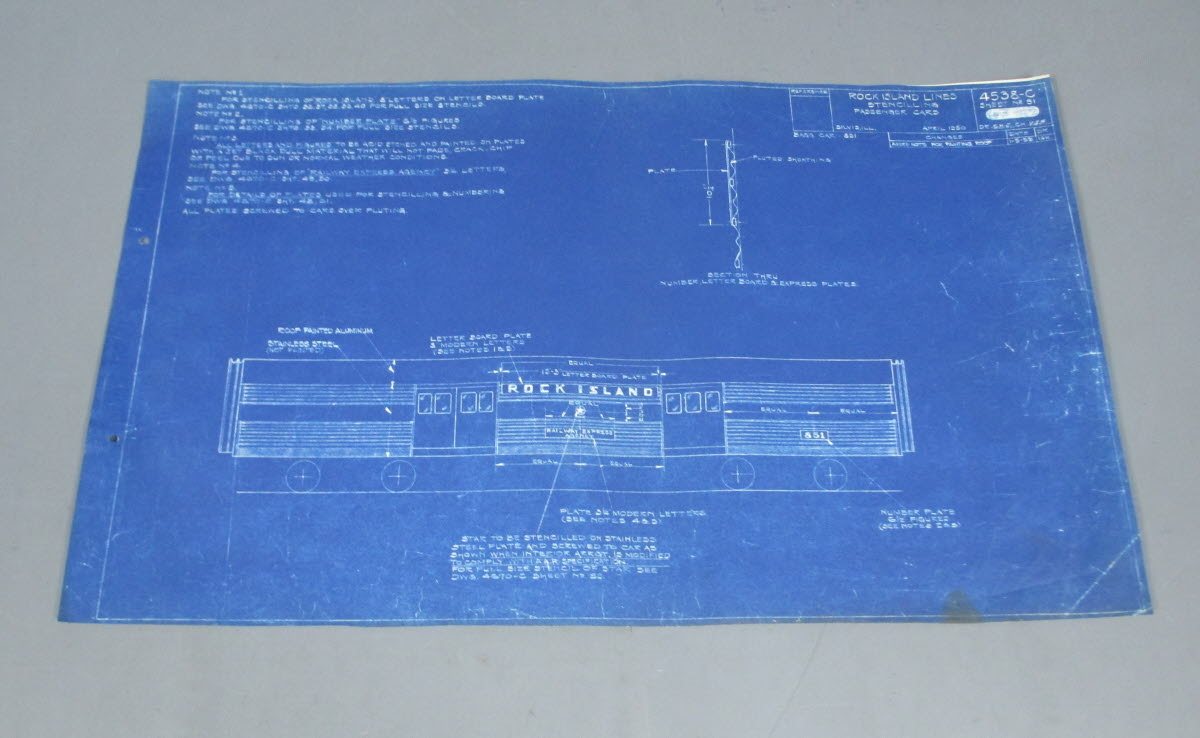 1953 Rock Island Lines Stenciling Passenger Cars Blueprint VG