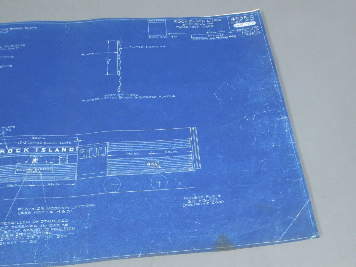 1953 Rock Island Lines Stenciling Passenger Cars Blueprint VG