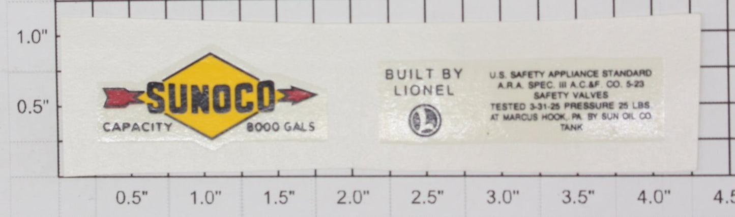 Lionel 2465-10 Black Lettering Sunoco Arrow w/ Safety Standards Water Decal