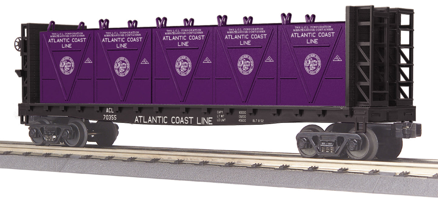 MTH 30-76608 O Atlantic Coast Line Flat Car - with Bulkheads & LCL Containers