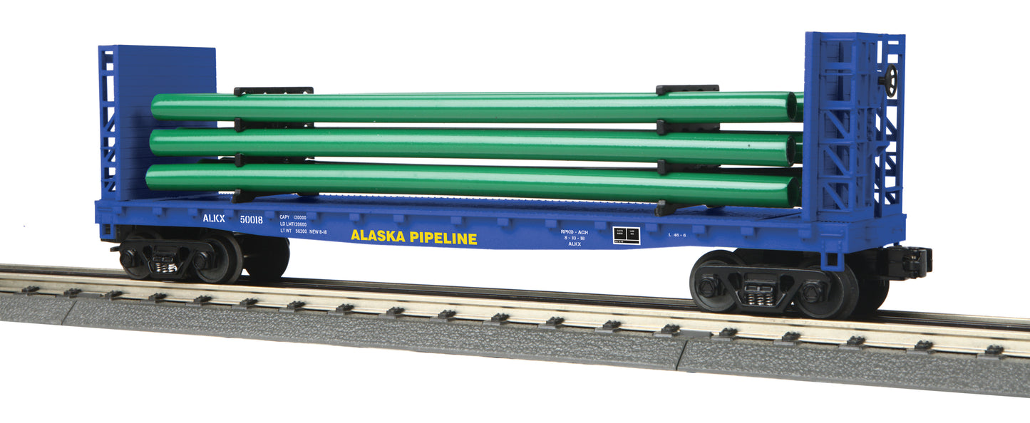 MTH 30-76713 O Alaska Pipeline Flat Car with Bulkheads and Pipe Load #50018