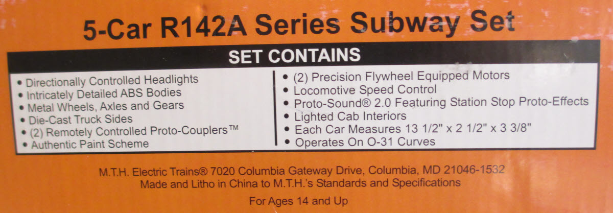 MTH 30-2797-1 O MTA R142A Series Subway Set w/Proto-Sound 2.0 (Set of 5)