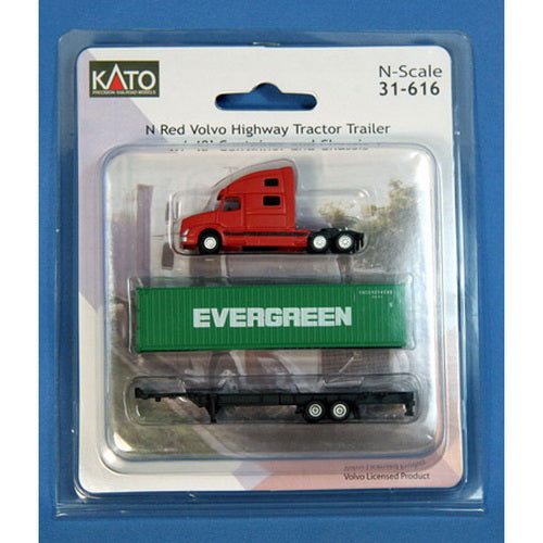 Kato 31-616 N Red Volvo Tractor Trailer W/40' Evergreen Container & Chassis