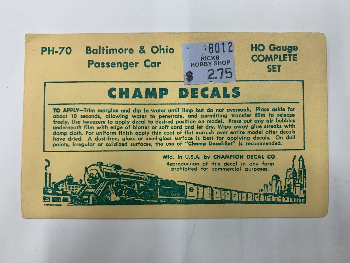 Champ Decals PH-70 HO Scale Baltimore & Ohio Passenger Car Decals