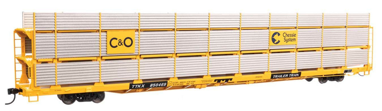 Walthers 910-8305 HO C&O 89' Flatcar w/ Tri-Level Shielded Auto Rack RTR #850469