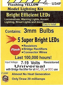 Evan Designs U34F 3mm Flashing Yellow Bright Efficient LED (Pack of 5)